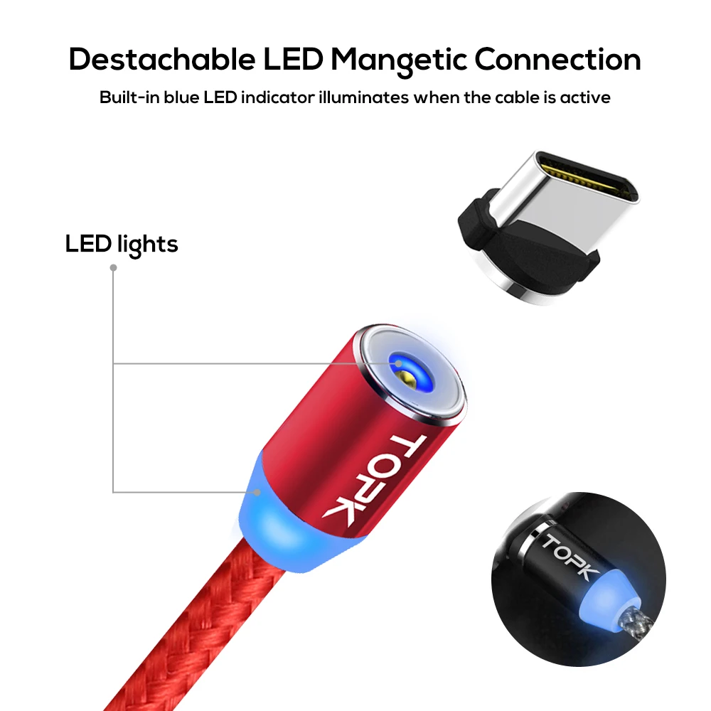 TOPK [5 Pack] R Line2 LED Магнитный кабель USB Type C для Samsung Galaxy Note 9 One Plus 6 зарядный