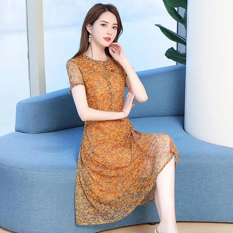 Women Summer Vintage Dress Elegant Floral Printed A-line Mom's Large size Female Chiffon Slim fit Short sleeve Dresses | Женская