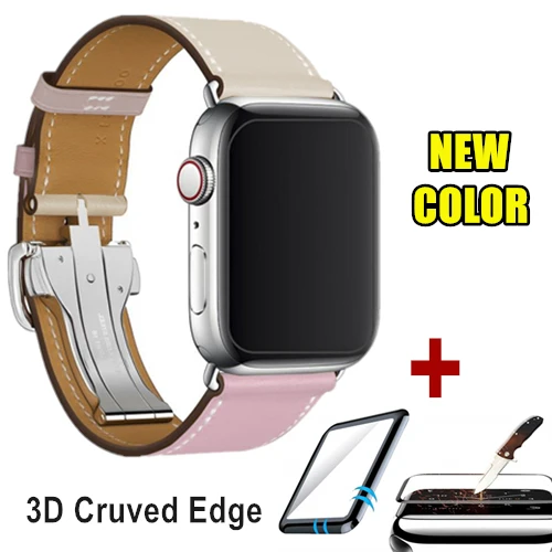 С логотипом кожаный ремешок с пряжкой для часов Apple Watch 44/40 мм сменный Браслет для iWatch 5 ремешок - Цвет ремешка: Rose Sakura Craie