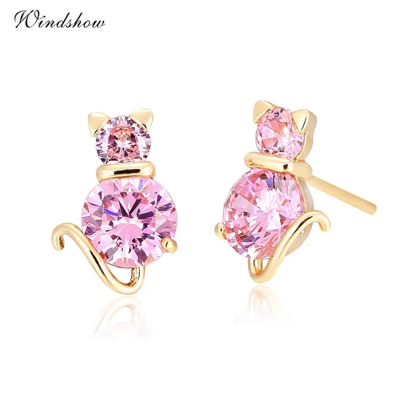 Yellow Gold Color Cute Cat Kitty Clear Zircon Anti Allergic Piercing Stud Earrings for Women Children Girls Kids Jewelry Aros|stud earrings|stud