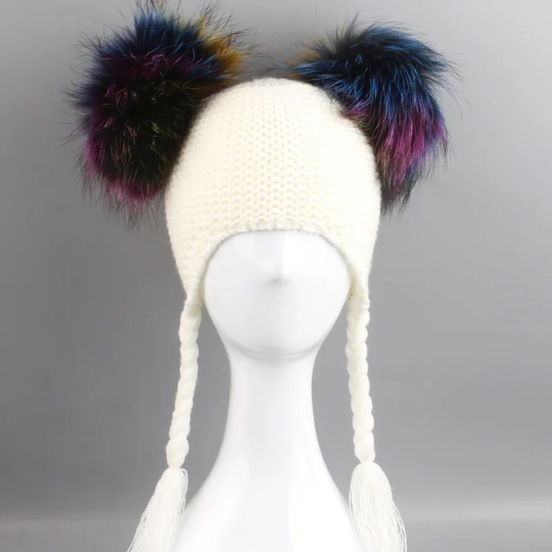 Детский акриловый головной убор из меха енота 15 см с помпонами шапки косами для
