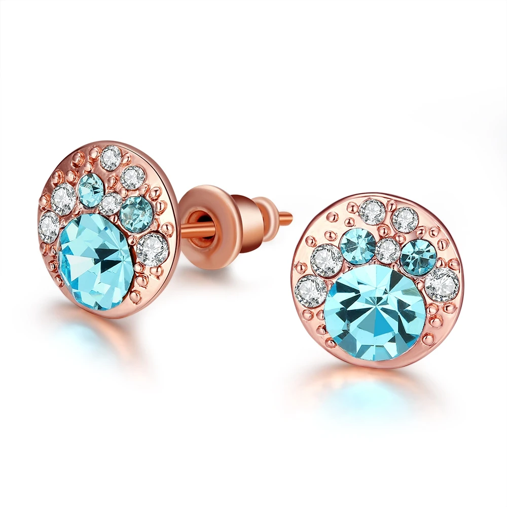 New Blue Crystal Czech Drill Round Stud Earrings For Women Fashion Jewelry Double Sided Gold White Color Hot | Украшения и