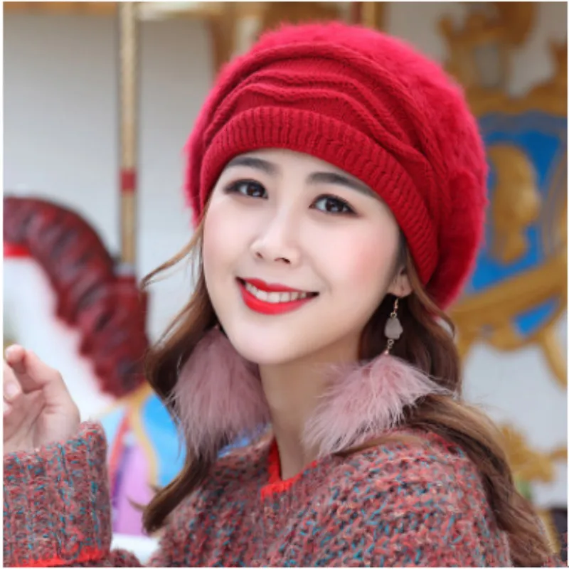 Двухслойная шерстяная теплая шапка Skullies & Beanies мягкая женская вязаная с кроличьим