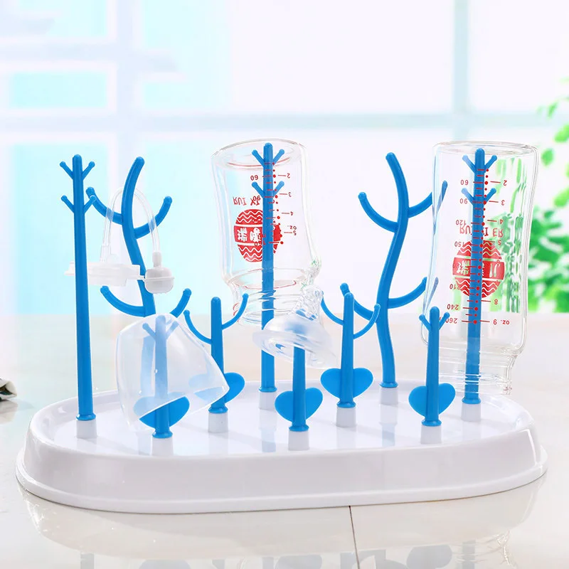 Blue No Lid BPA слив бутылочка для кормления ребенка сушилка коврик дерево полка кухонный инструмент для чистки сушилка Съемная чашка для хранения сухая стойка - Цвет: Blue No Lid