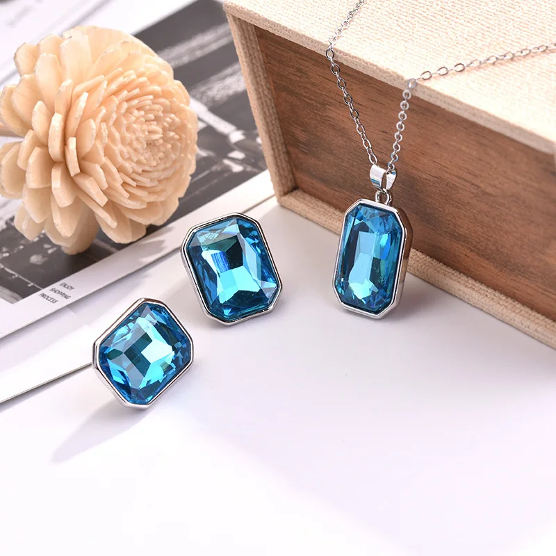 Mosaic Sea Blue Pendant Stud Earrings Set Europe and America Party Engagement Accessories | Украшения и аксессуары