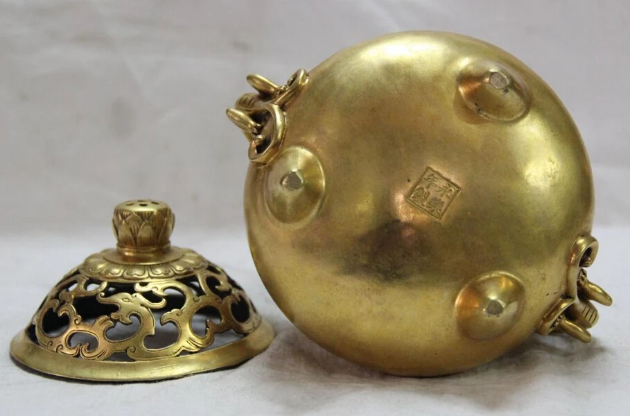 

free shipping 7" Marked China Bronze 24K Gold Dragon Beast Handle Lotus Incense Burner Censer bronze