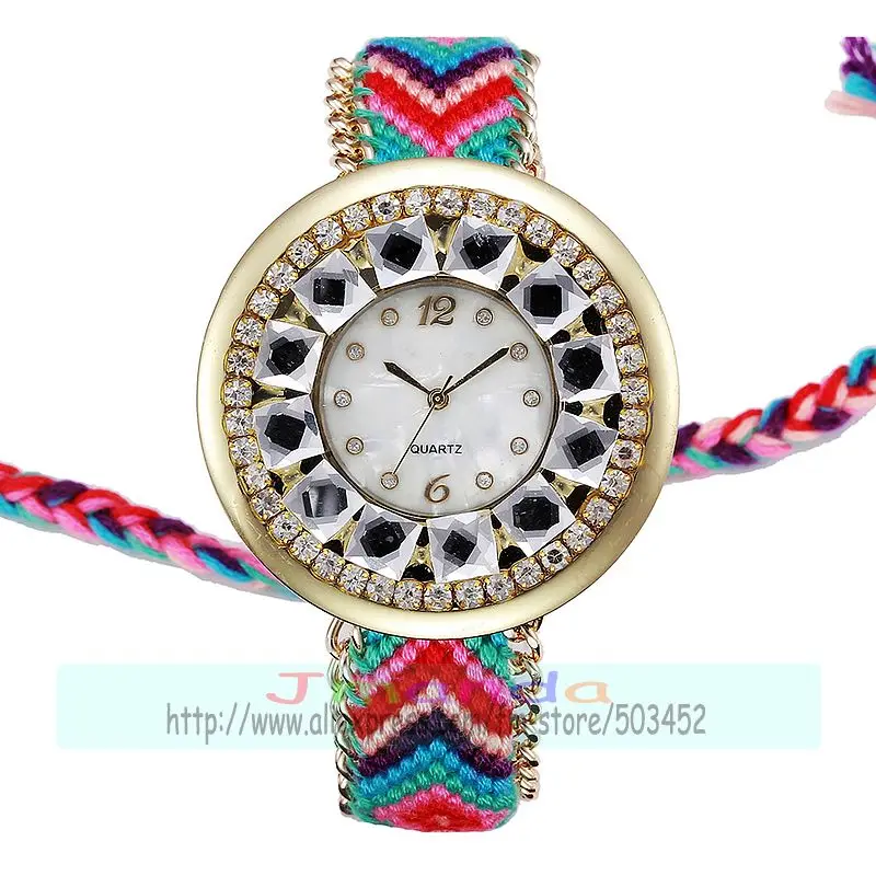 100 шт./лот плетеные часы с большим кристаллом Радужный ремешок модные уникальный