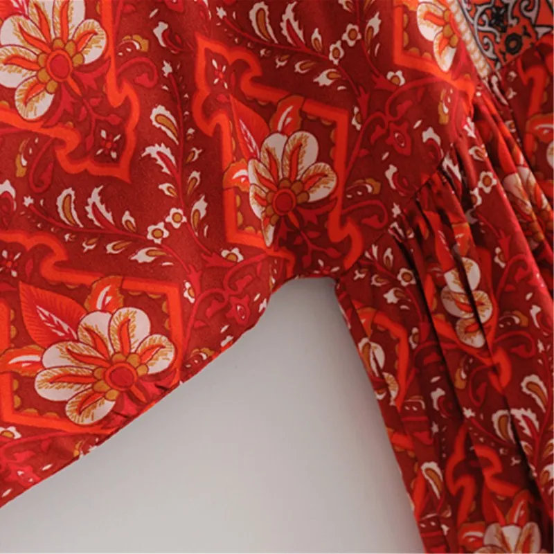 NSZ для женщин красный принт плиссированные Boho платье повседневное Свободные