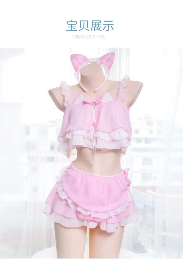 SO Kawaii, сексуальный женский комплект нижнего белья, комплект нижнего белья в стиле Лолиты, аниме, костюм для косплея, кошечка для девочек, Топик с оборками, нижнее белье