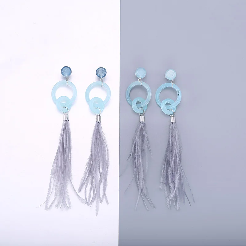 HUISTORY Acrylic Earrings Fashion Jewelry Vintage Statement Blue Feather Women For Party Gift | Украшения и аксессуары