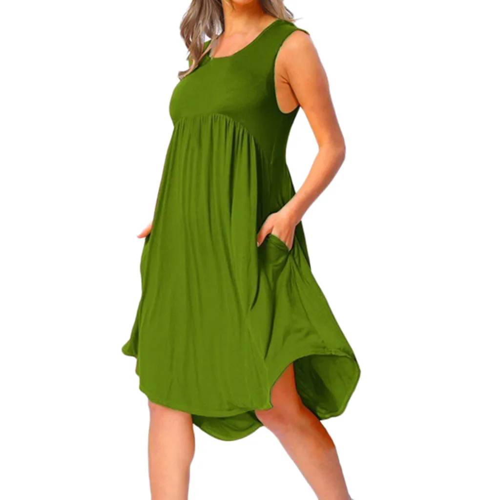 Green JAYCOSIN, новинка, летние женские платья, сексуальные, праздничные, одноцветные, без рукавов, свободные, с морскими оборками, вечерние, богемный, пляжный сарафан, Прямая поставка - Цвет: Green