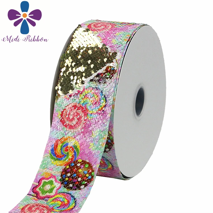 

3"75mm Sweet Dessert Rainbow Candy Popcorn Cupcake Printed Double Reversible Gold&Silver Sequin Ribbon DIY Hair Band 46yards