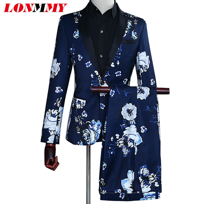 LONMMY Свадебный Мужской Блейзер slim fit Tide темно синий цветочный принт модные