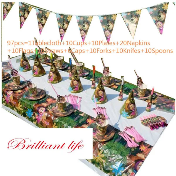 ZuHe 97pcs 67 шт/97 шт мультфильм Маша и Медведь одноразовые наборы посуды детский день празднования Дети День рождения украшения события поставка - Цвет: ZuHe 97pcs