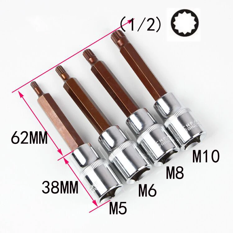 4pcs/lot 1/2" 100mm long 12 Point Spline Screwdriver Bit Set Drive Socket Head Screwdriver CR-V Material Hand Tool M5 M6 M8 M10