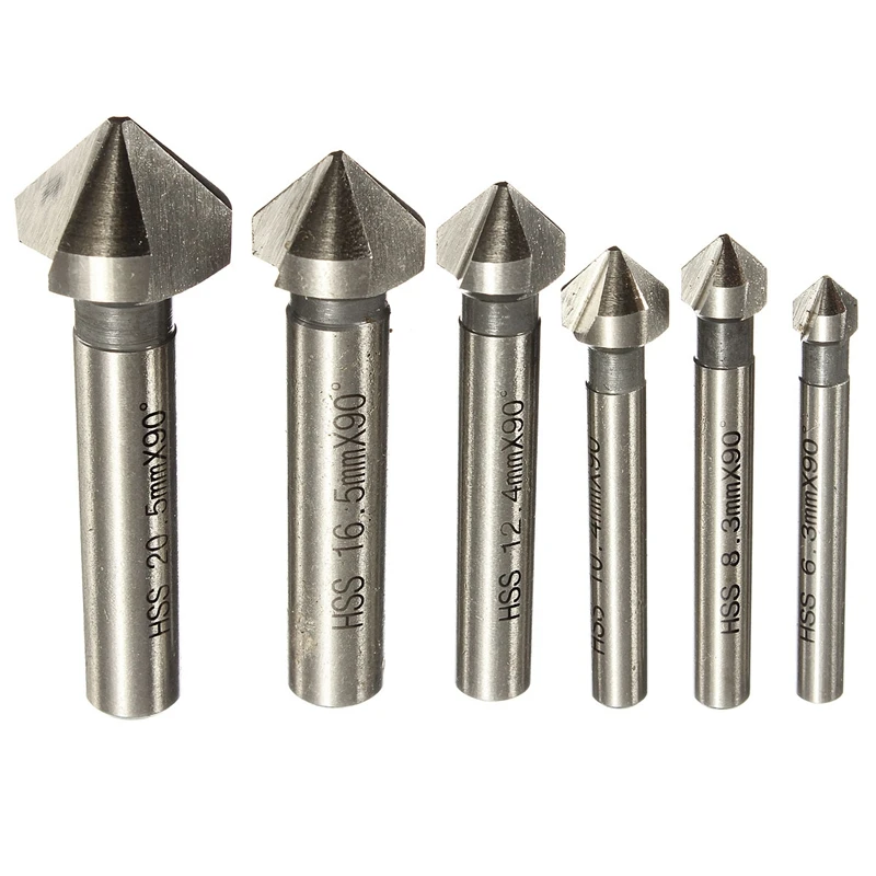 

6pcs 3 Flute 90 Degree HSS Chamfer Cutter Chamfering Drilling Mill Drill Set Milling Cutting Tool Set Round Handle