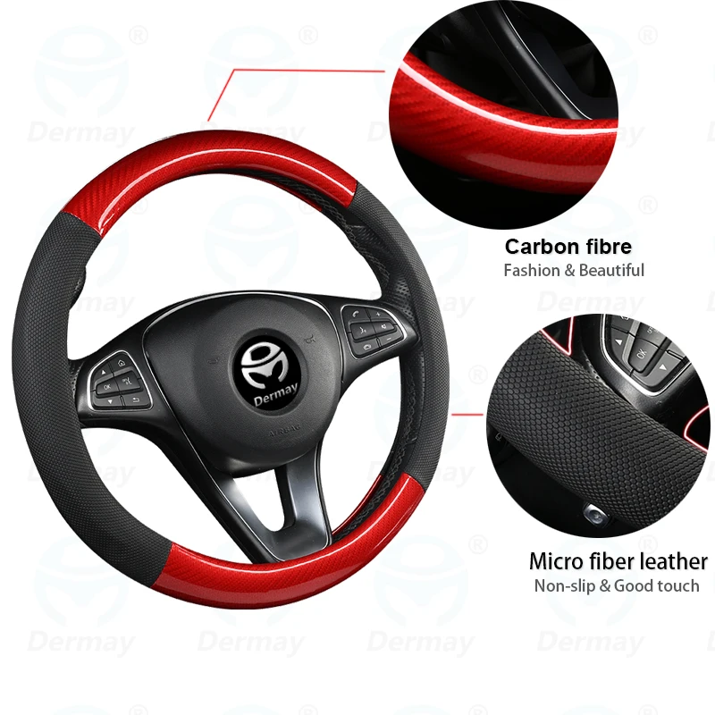 

DERMAY Car Steering Wheel Cover Carbon Fibre+Faux Leather Massage for Out Diameter Steering Wheel 37-38cm Non-slip Free Shipping