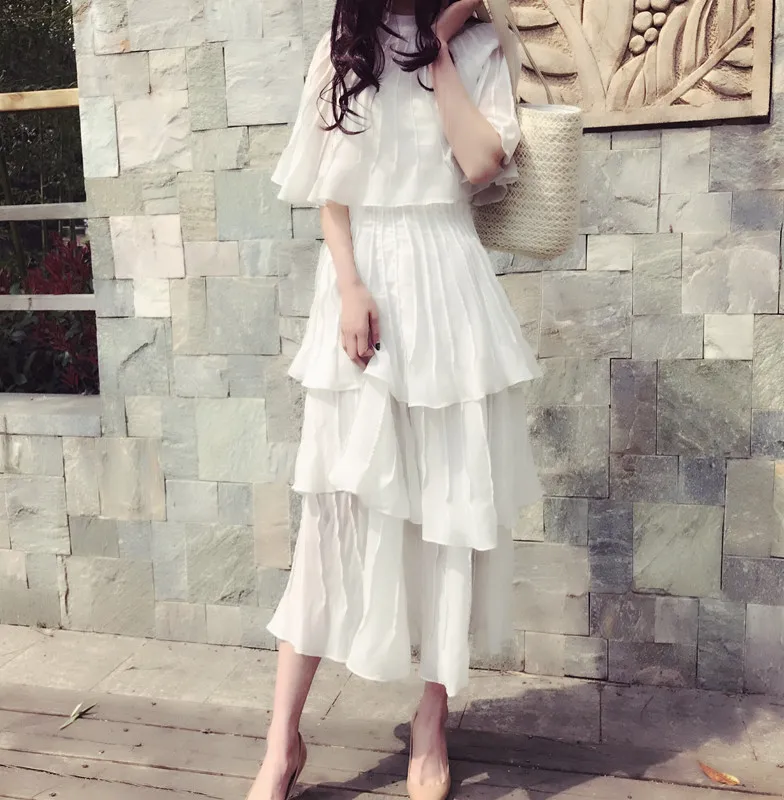 Бесплатная доставка белое модное плиссированное платье с рукавом накидкой