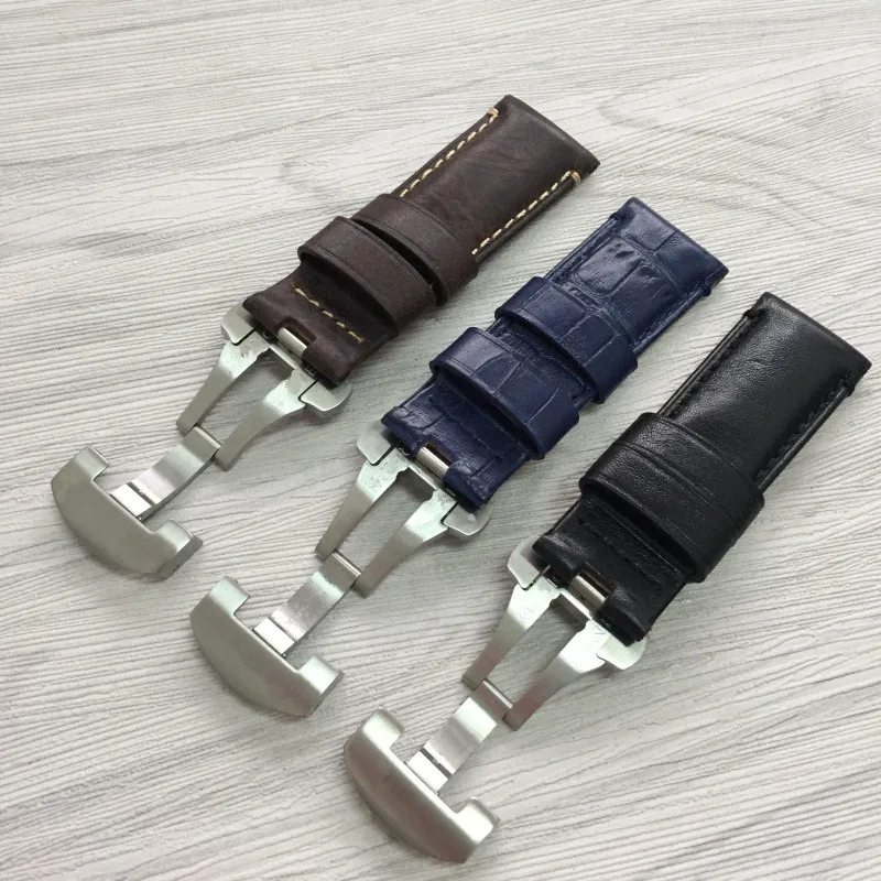 Ремешок ручной работы из натуральной телячьей кожи черный и синий сшитый браслет