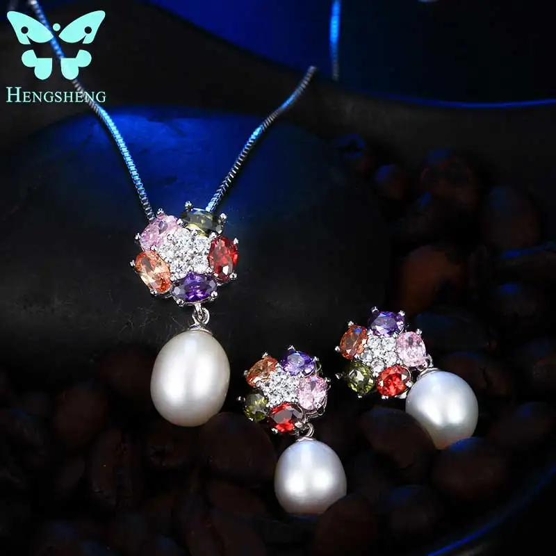 

HENGSHENG Flower African Jewelry Set, High Quality Water Drop White Freshwater Pearl Women Pendants&Necklaces, Silver Jewelry