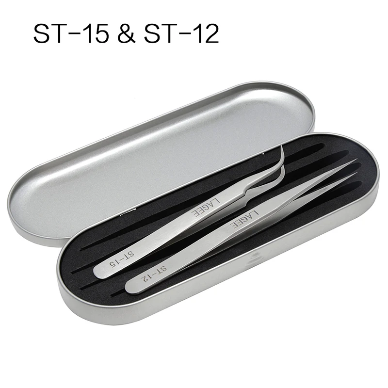 ST-15 ST-12 Box LAGEE наращивание ресниц нержавеющая сталь tweezers немагнитные прямые и изогнутая ресница пинцет с коробкой для хранения - Цвет: ST-15 ST-12 Box