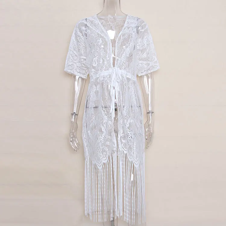 Women Lace Beach Cover Up 2018 V Neck Tassel Tie Long Beachwear Summer Swimsuit Cover Up Sexy See-through Beach Dress