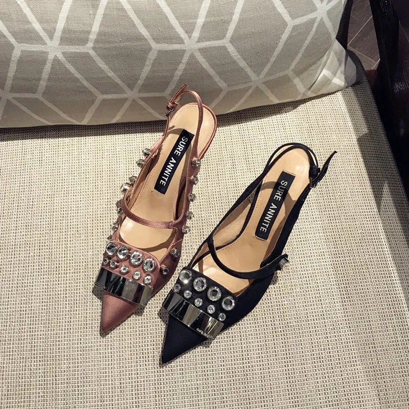 Обувь ручной работы новые европейские и американские шелковые туфли с острым носком на высоком тонком каблуке сандалии baotou дамские