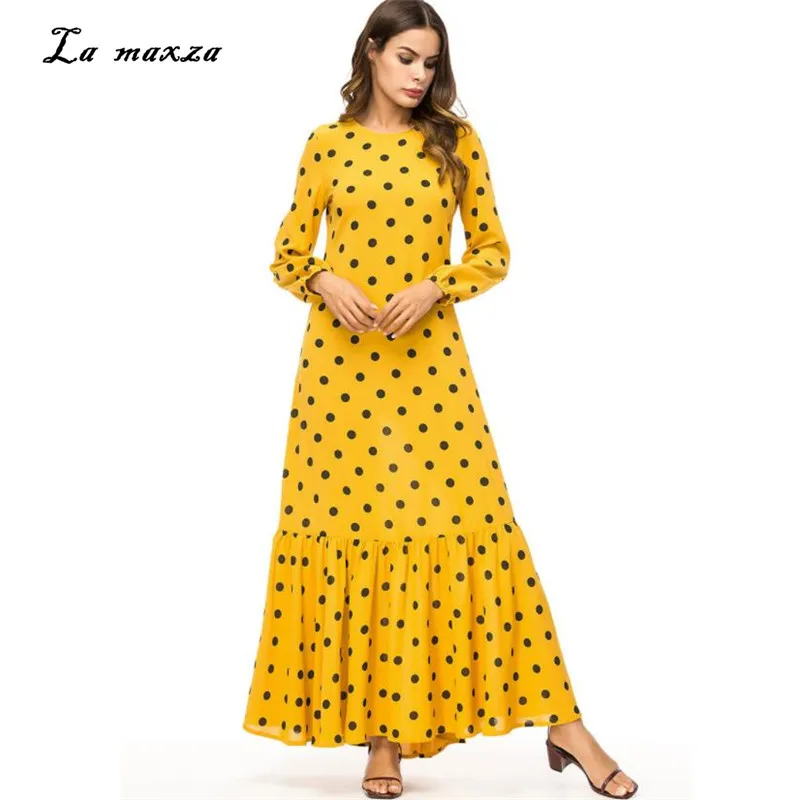 Abaya мусульманское платье макси Dot желтый одеяние мусульмане Longue ислам Дубаи мусульманский скромное платье