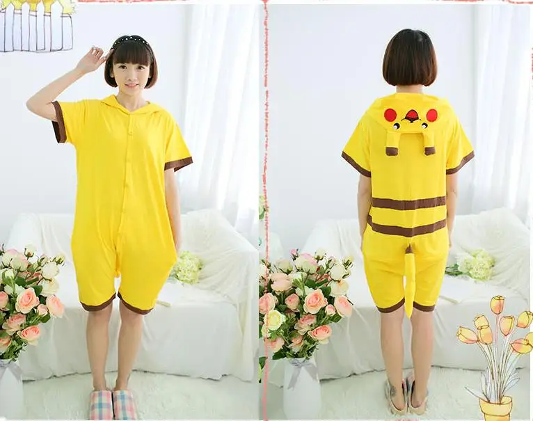 Poke mon Pika chu Anime Cosplay Costume Summer Jumpsuit Short Sleeve Cartoon Animal Pajamas Pyjamas Onesie for Adults Sleepwear |