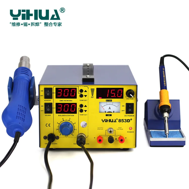 YIHUA 853D+ 3A ремонт мобильного телефона 3 в 1 Горячая воздушная наладочная станция для пайки Тепловая пушка+ паяльник 15 в 1 Регулируемый источник питания