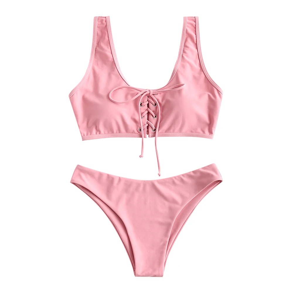 Flamingo Pink ZAFUL Кружевной Бикини Комплект Купальники Шеи Мягкий Купальник Женщины Твердые Основной Купальный Костюм Сексуальный Купальный Костюм Отжимание - Цвет: Flamingo Pink