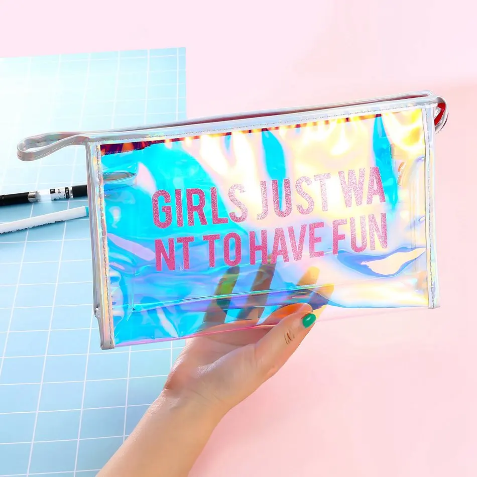 

Women Fashion Laser Letter Cosmetic Bag PU Leather Functional Make Up Toiletry Kit Bag Makeup Case Pouch Organizer Wash Kit Box
