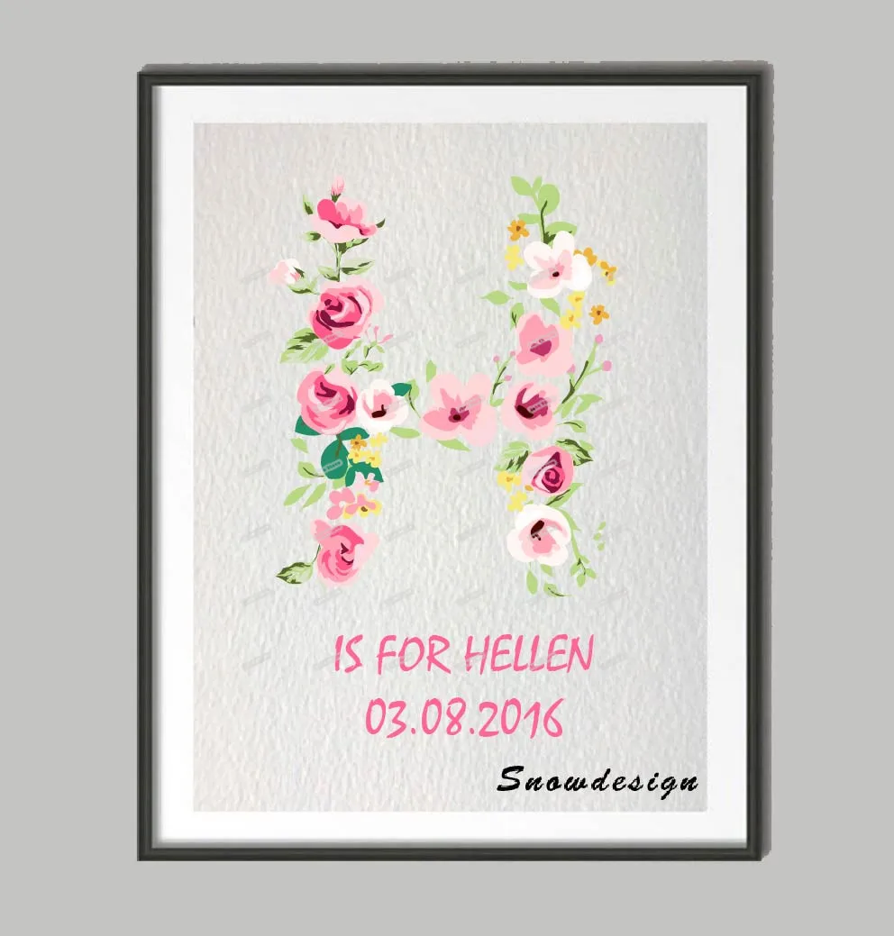 Алфавит H печать на заказ изначальное имя плакат Акварельная буквенная живопись