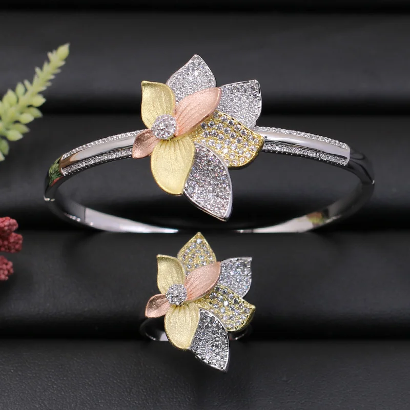 

Lanyika Jewelry Set Dubai Artistical Flower Bangle with Ring for Engagement Wedding Micro Paved Popular Luxury Best Gifts