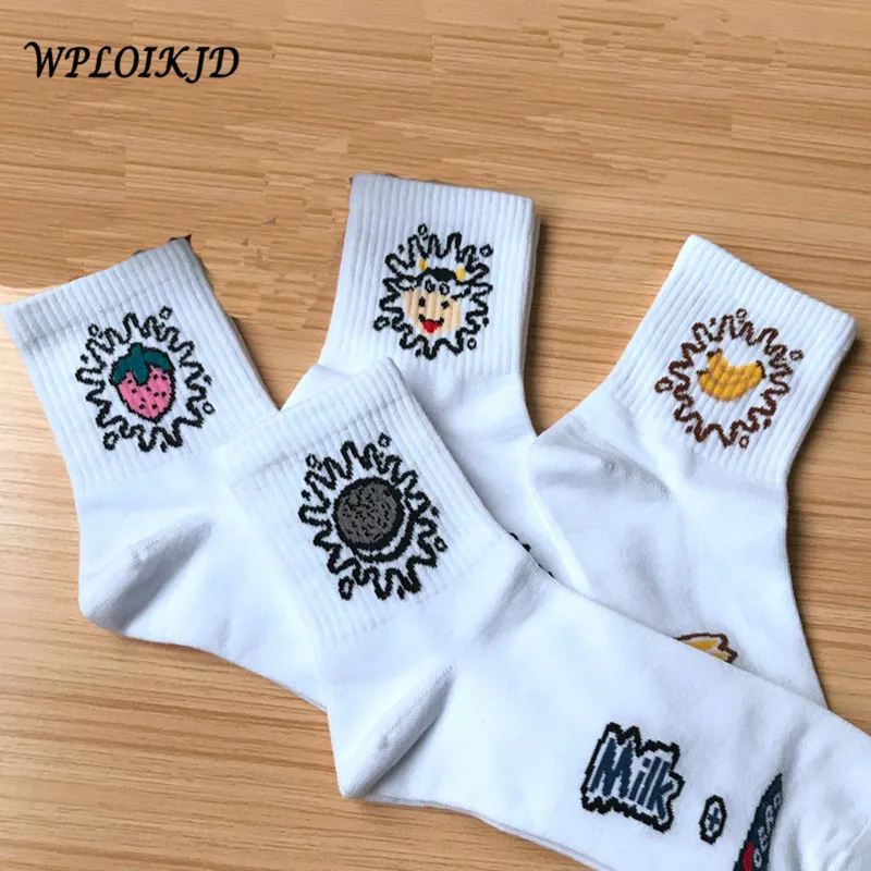[WPLOIKJD]Harajuku Socks Fashion Japan Food Fruit Milk Creative Banana Strawberry Printing Women Skarpetki Calcetines Sox | Женская