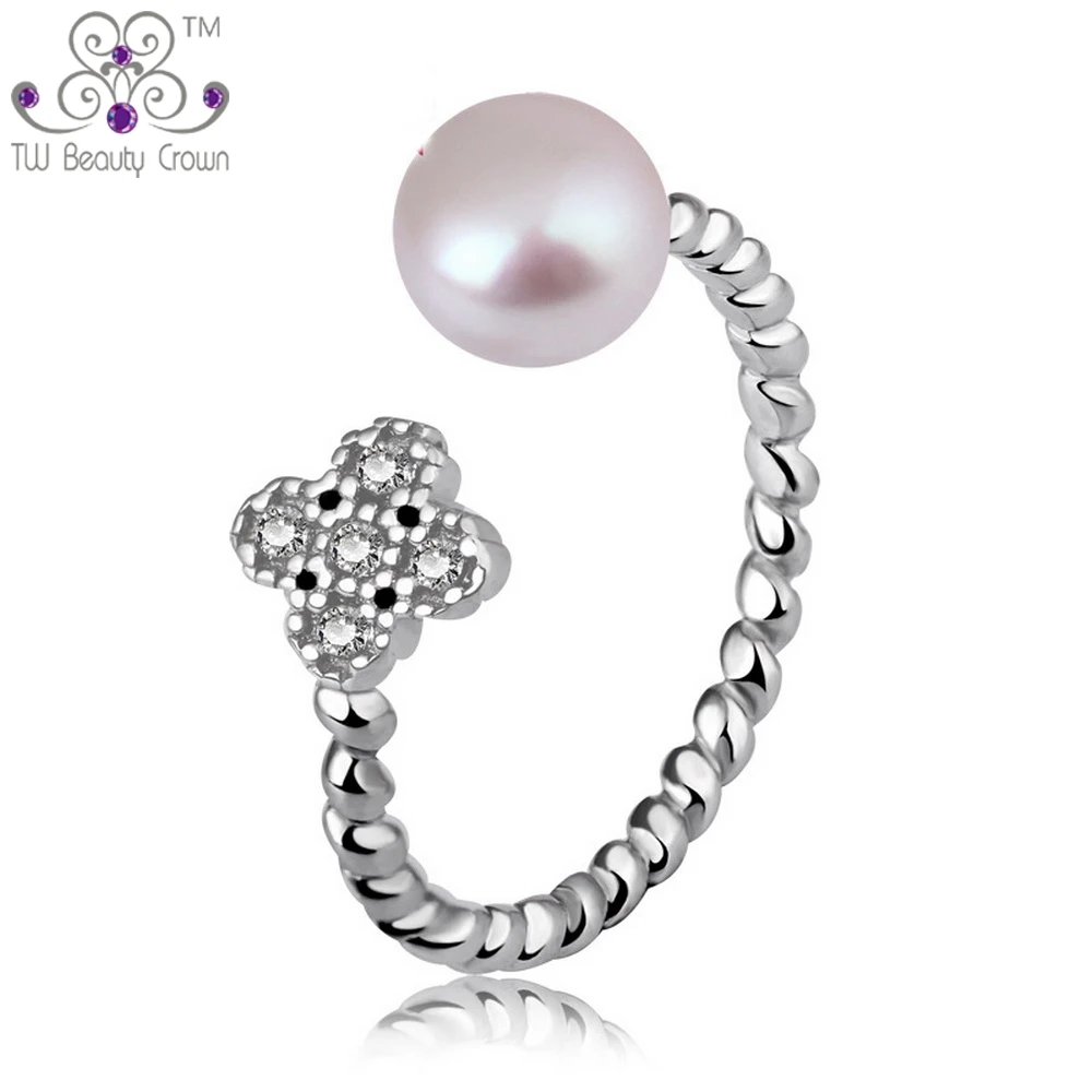 Женское кольцо с жемчугом из серебра 2017 пробы 4 листиками клевера и натуральным