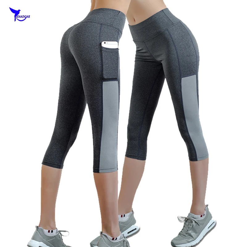 Женские Ptachwork Mesh 3/4 укороченные брюки с карманами Капри Леггинсы для бега