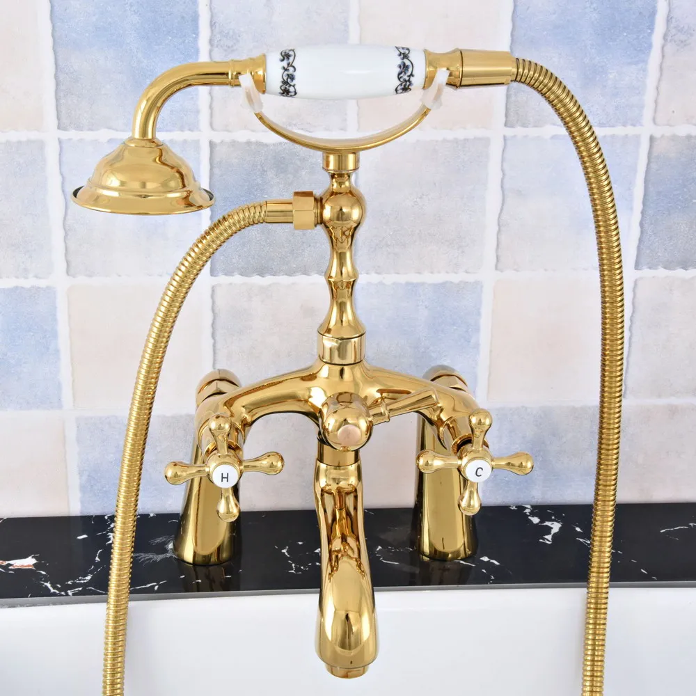 

Luxury Gold Color Brass Deck Mounted Bathroom Tub Faucet Dual Handles Telephone Style Hand Shower Clawfoot Tub Filler atf776