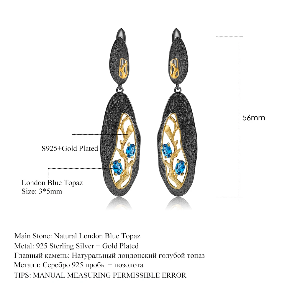 GEM'S BALLET 925 Sterling Silver Natural London Blue Topaz Handmade Petal Floral Drop Earrings for Women Fine Jewelry | Украшения и