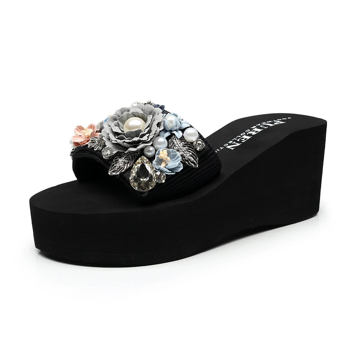 heel height 7cm gray PUIMENTIUA/повседневные женские тапочки с цветами и жемчугом; модная женская обувь на платформе и каблуке; пляжные шлепанцы - Цвет: heel height 7cm gray