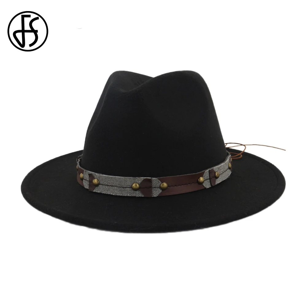 

FS Black Cotton Women Hats For Church Elegant Felt Hat Men Wide Brim Fedora Vintage Classic Round Cap With Bowknot Leather Belt