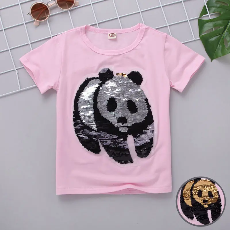 Panda A Pink Футболка для девочек, лето, Детская футболка с блестками, хлопковые рубашки с мультипликационным принтом, одежда для подростков 5, 6, 8, 10, 12, 13, 14 лет - Цвет: Panda A Pink