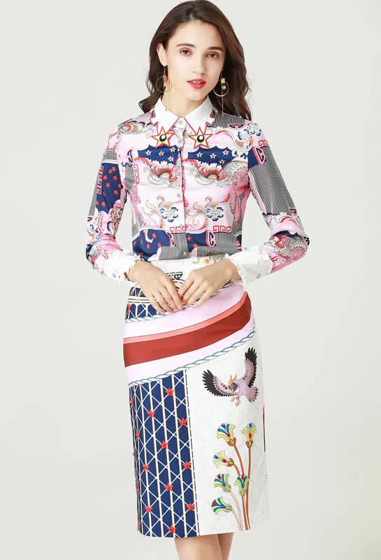 Многоцветный High quality new designer Fashion Two Pieces Set Women's Long Sleeve Embroidery Shirt and Printed Skirt Casual Shirt Sets Suits - Цвет: Многоцветный