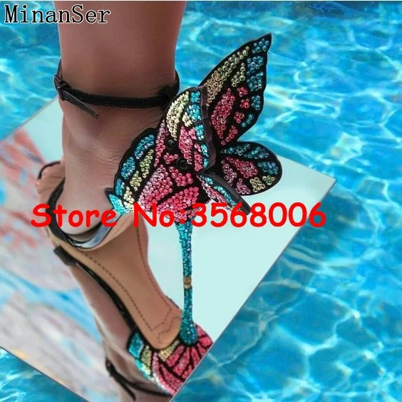 Женские сандалии-гладиаторы на шпильке с открытым носком украшенные стразами и