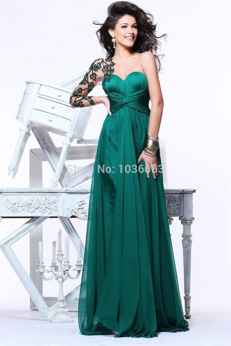 2014 Unique Emerald Green Applique With One Long Sleeve Backless Evening Dresses Women Formal Dress Chiffon|dress hit|dress banddress up games for