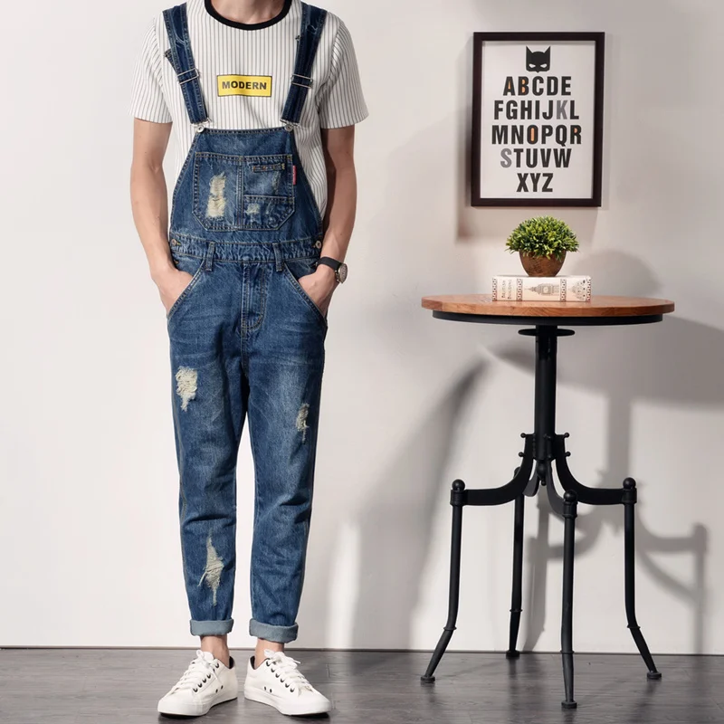 Новинка 2016 мужские винтажные цельнокроеные брюки на тонких бретельках джинсовые