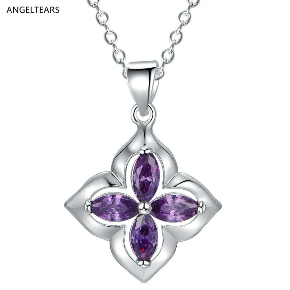 Hot Sales Silver Color Purple Zircon Flower Pendant Necklace Ladies Girl Christmas Gift Jewelry Drop shipping Wholesale | Украшения и