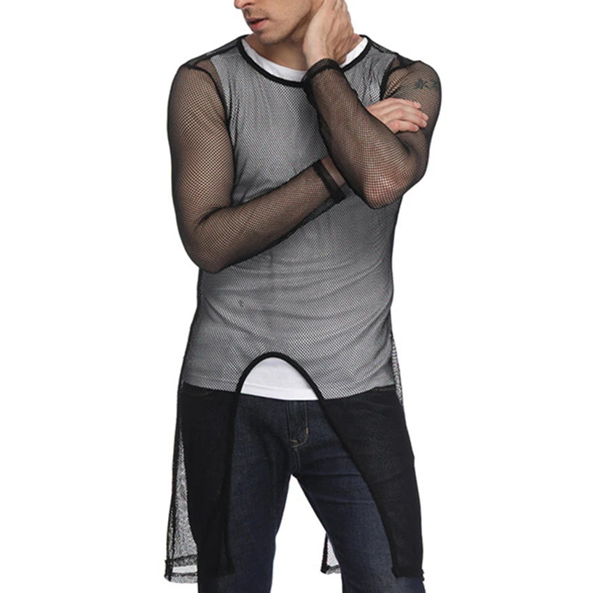 Men's Irregular Split Hem Perspective Long Sleeve Tshirt Summer Cool Men Clothes Tee Shirt Fashion Solid Streetwear Hip Hop | Мужская