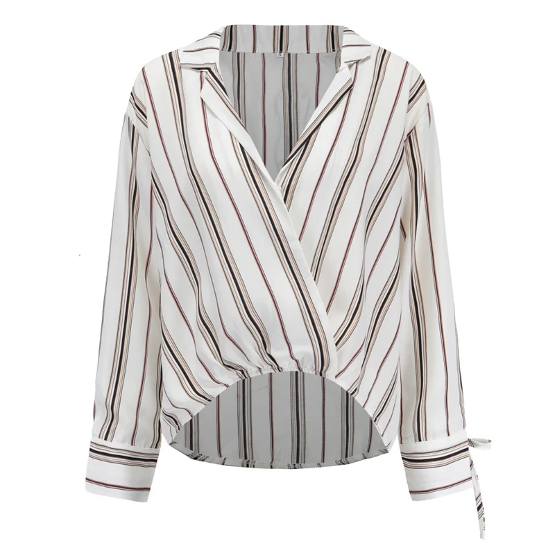 Женская хлопковая рубашка в полоску с v-образным вырезом длинным рукавом