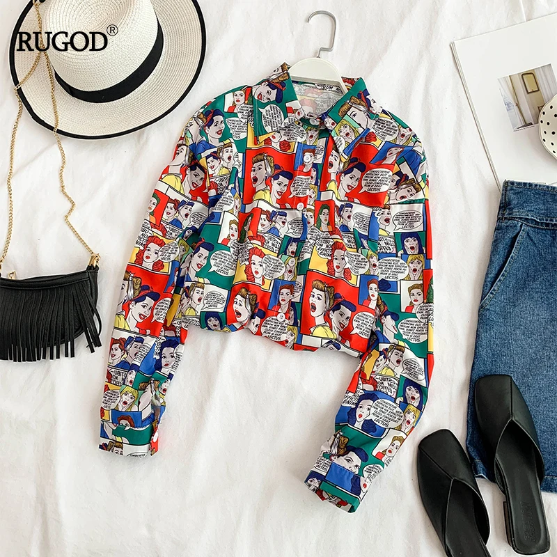 RUGOD/модные женские блузки с рисунком из мультфильма отложной воротник длинные
